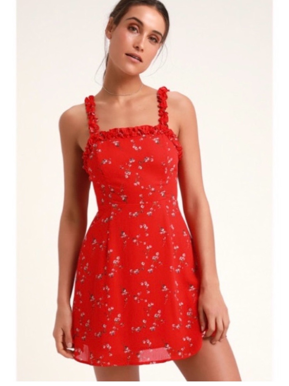 Lulu's Red Floral Ruffle-Trim Mini Dress